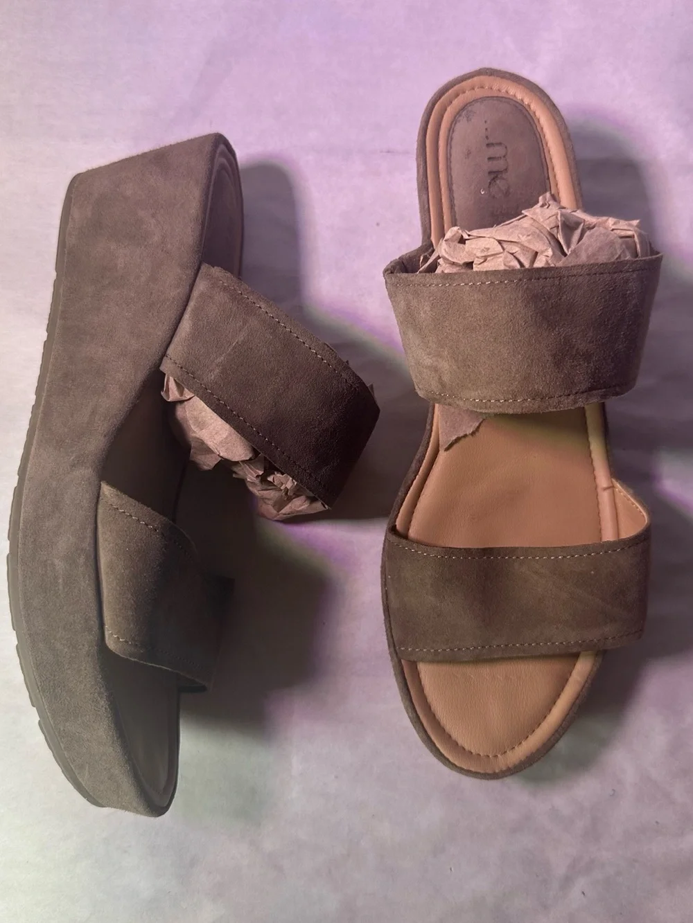 Two-Strap Suede Wedge Sandal - Cognac Brown